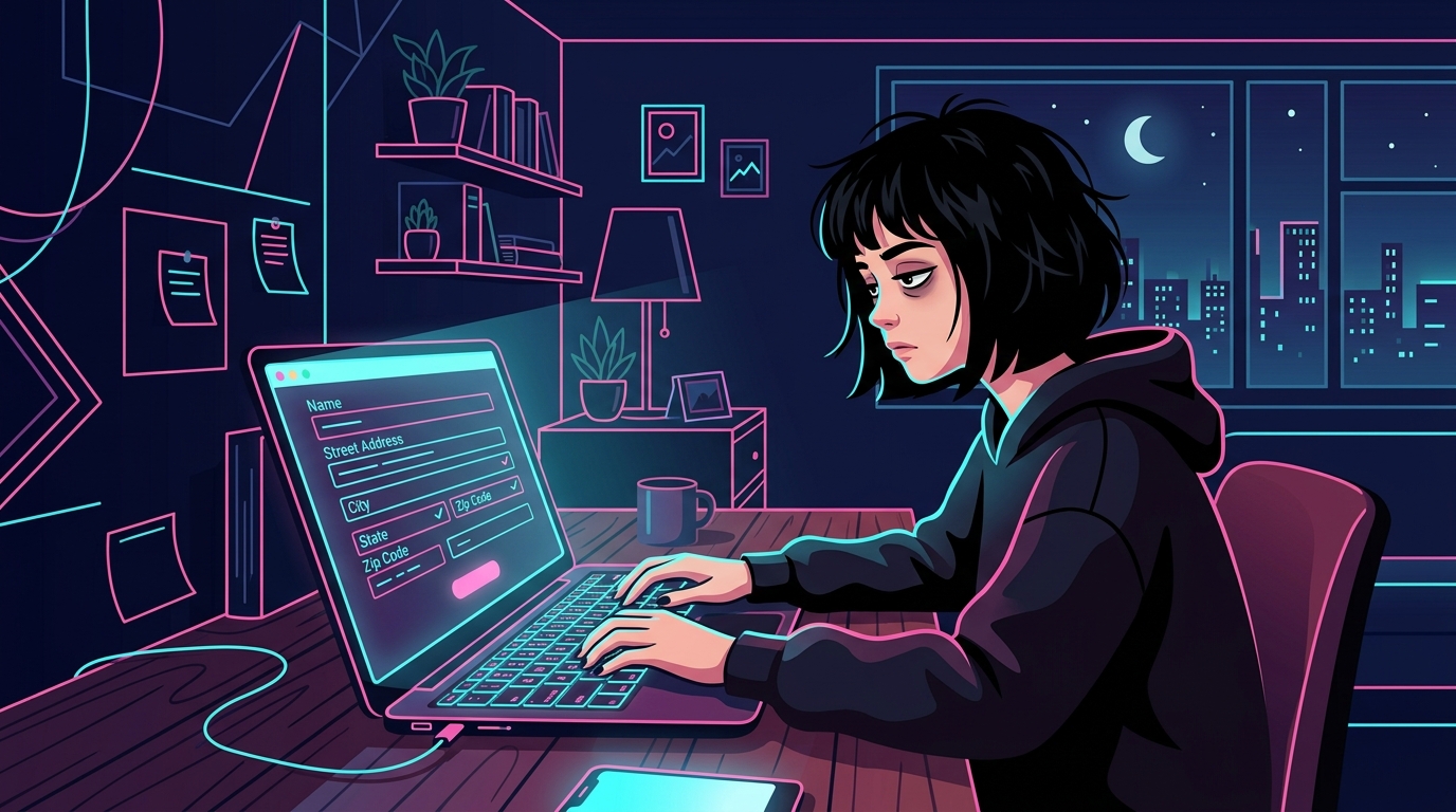 夜の部屋でパソコンの入力フォームに集中して取り組む少女
