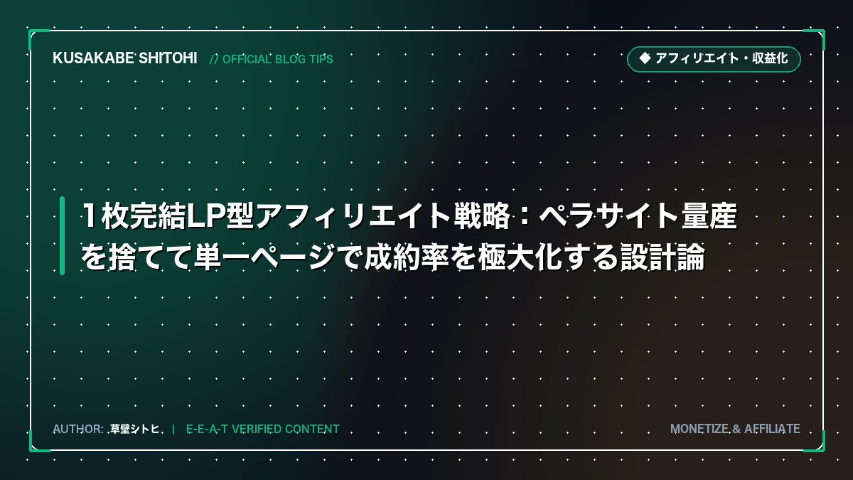 1枚完結LP型アフィリエイト戦略：ペラサイト量産を捨てて単一ページで成約率を極大化する設計論